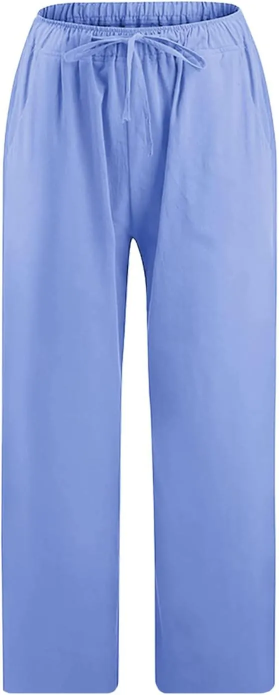 Womens Linen Capri Pants with Pockets Wide Leg Cropped Lounge Trousers Drawstring Elastic Waisted Summer Beach Pants 2025