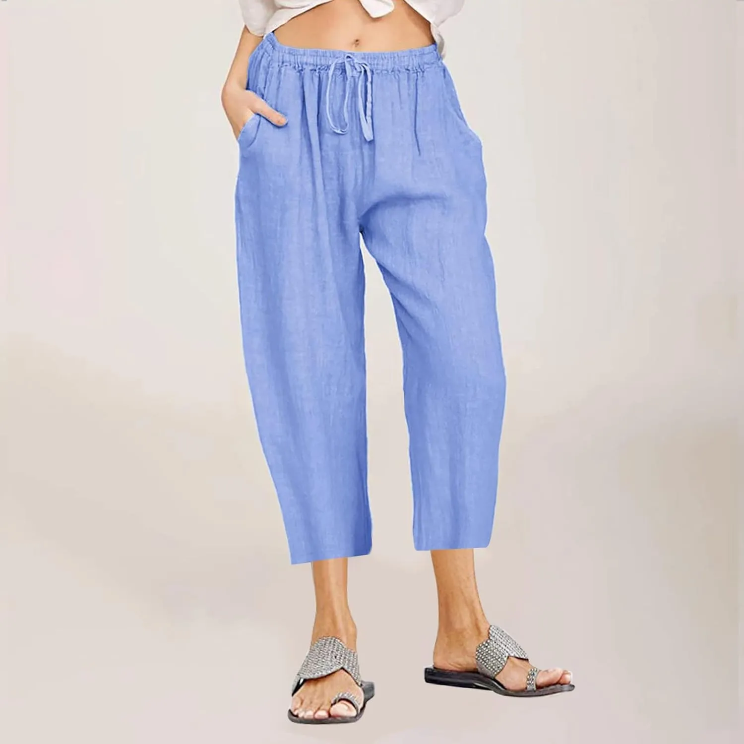 Womens Linen Capri Pants with Pockets Wide Leg Cropped Lounge Trousers Drawstring Elastic Waisted Summer Beach Pants 2025