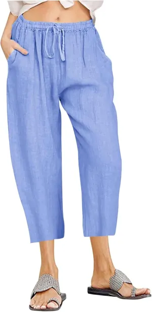 Womens Linen Capri Pants with Pockets Wide Leg Cropped Lounge Trousers Drawstring Elastic Waisted Summer Beach Pants 2025