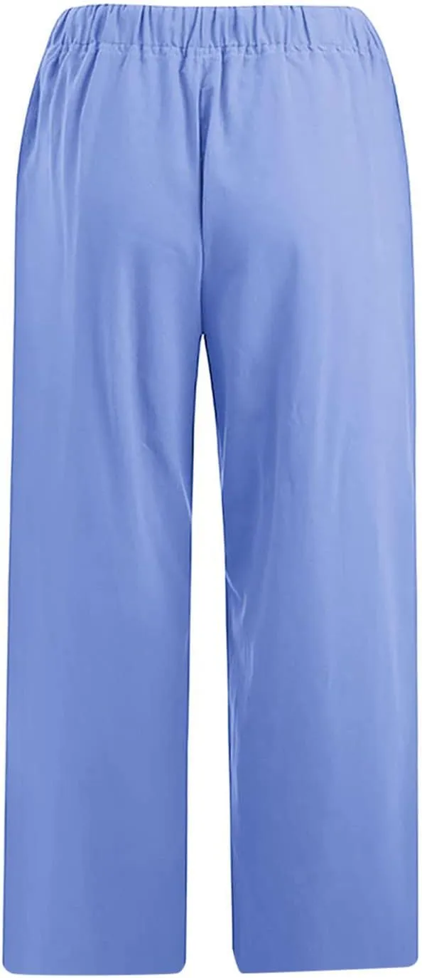 Womens Linen Capri Pants with Pockets Wide Leg Cropped Lounge Trousers Drawstring Elastic Waisted Summer Beach Pants 2025