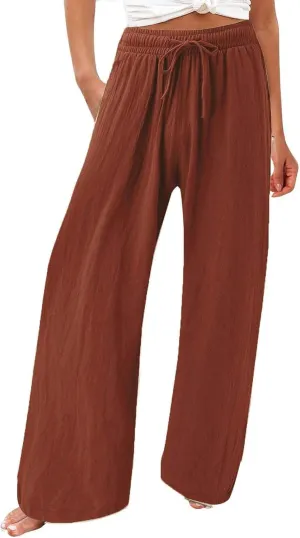 Women's Linen Palazzo Pants Leg Pants Elastic Drawstring Casual Trousers with Pockets Summer Beach Casual Lounge