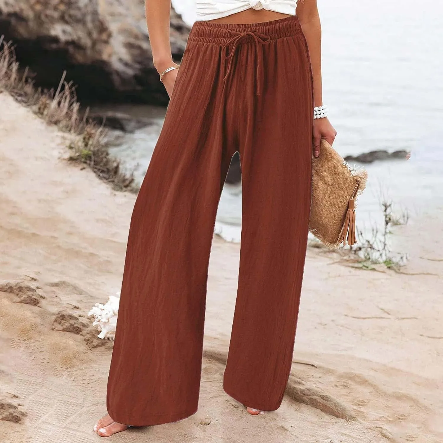 Women's Linen Palazzo Pants Leg Pants Elastic Drawstring Casual Trousers with Pockets Summer Beach Casual Lounge
