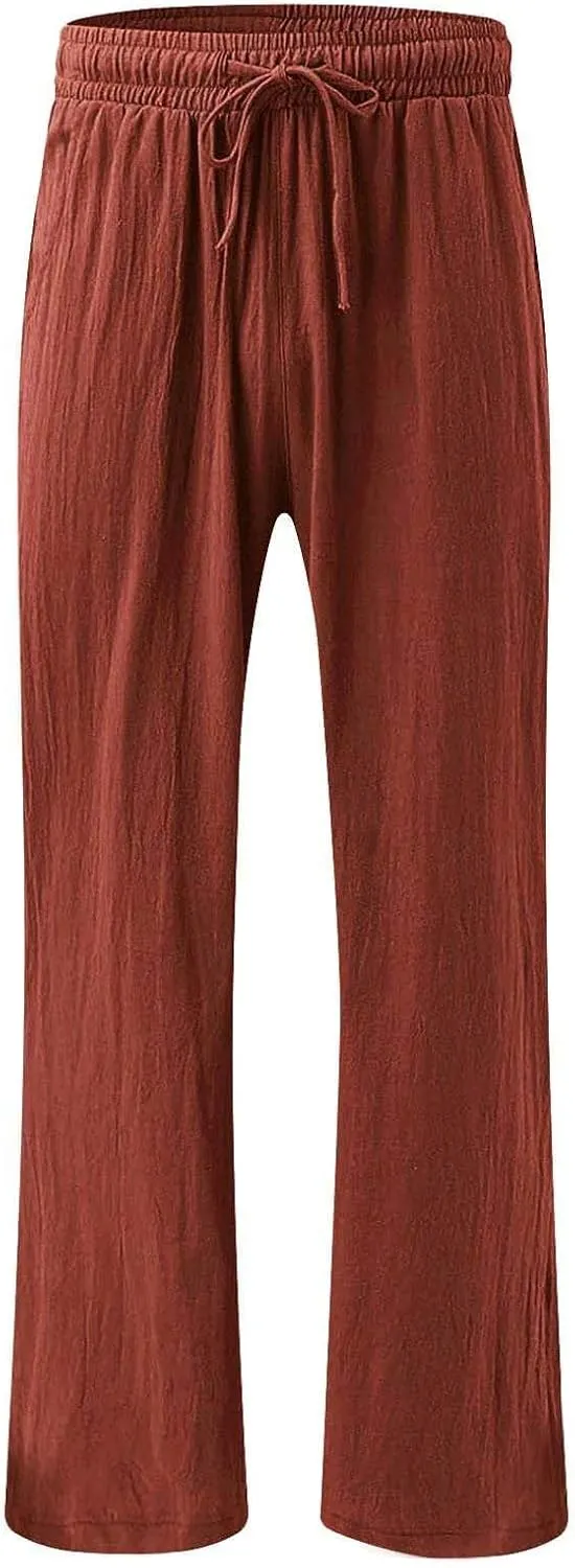 Women's Linen Palazzo Pants Leg Pants Elastic Drawstring Casual Trousers with Pockets Summer Beach Casual Lounge