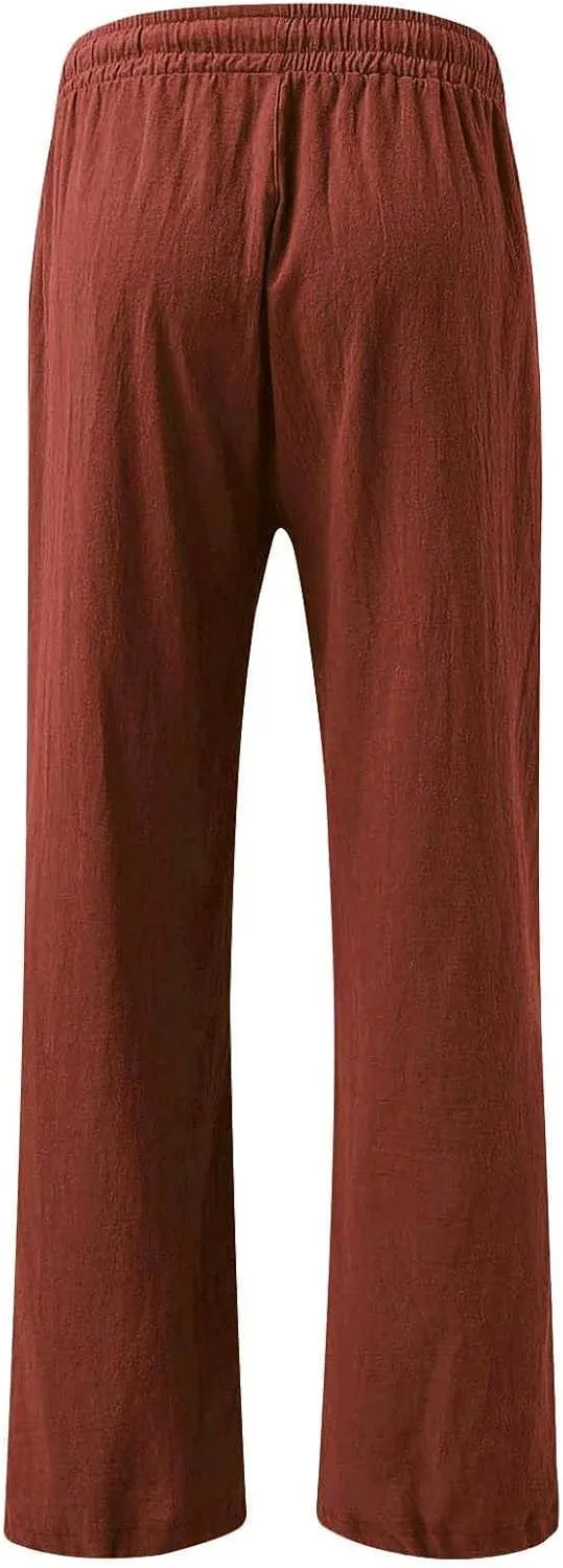 Women's Linen Palazzo Pants Leg Pants Elastic Drawstring Casual Trousers with Pockets Summer Beach Casual Lounge