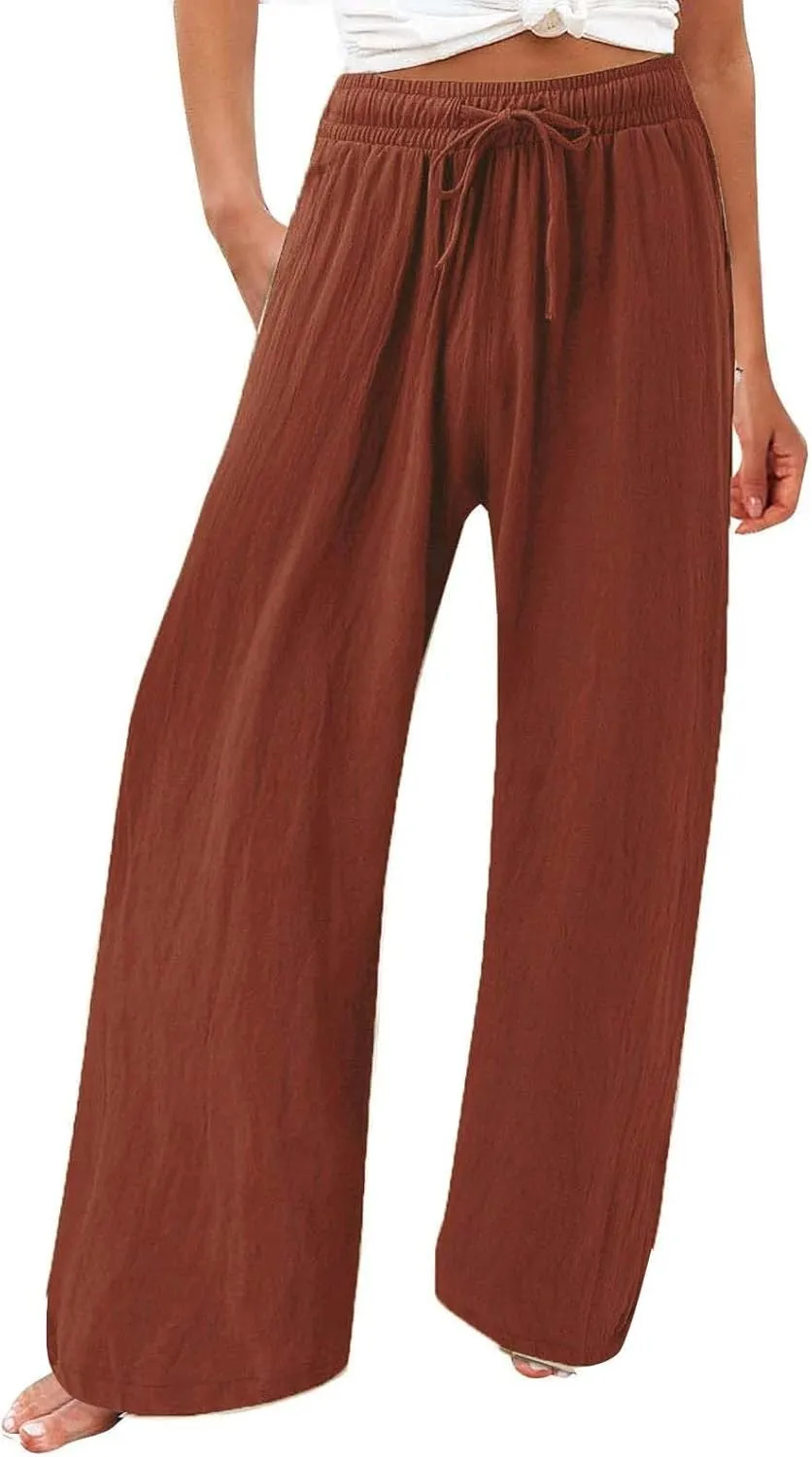 Women's Linen Palazzo Pants Leg Pants Elastic Drawstring Casual Trousers with Pockets Summer Beach Casual Lounge