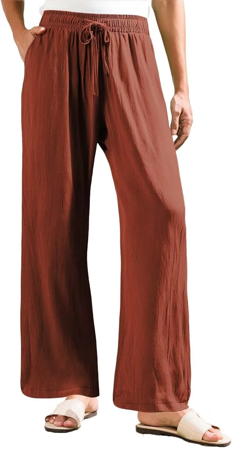 Women's Linen Palazzo Pants Leg Pants Elastic Drawstring Casual Trousers with Pockets Summer Beach Casual Lounge