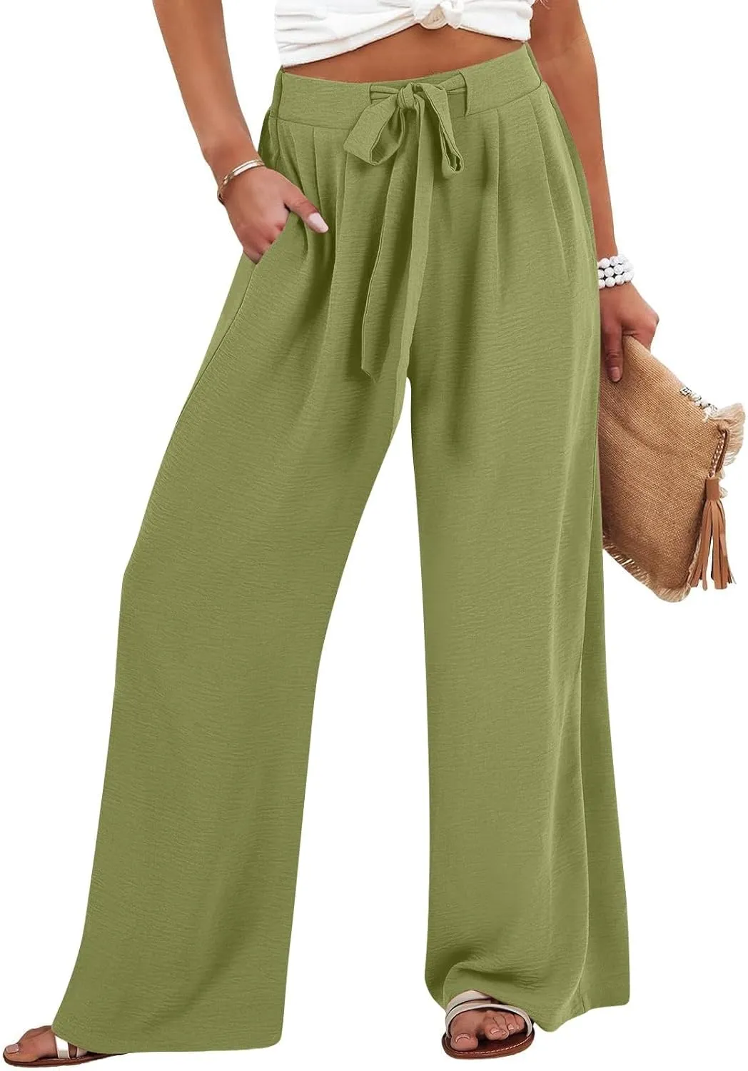 Women's Linen Palazzo Pants Wide Leg High Waisted Lounge Casual Beach Pants with Pockets Trousers Pants for Women