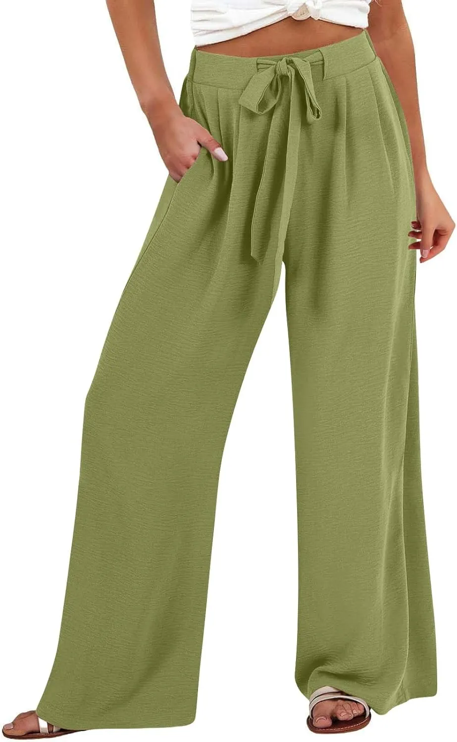 Women's Linen Palazzo Pants Wide Leg High Waisted Lounge Casual Beach Pants with Pockets Trousers Pants for Women