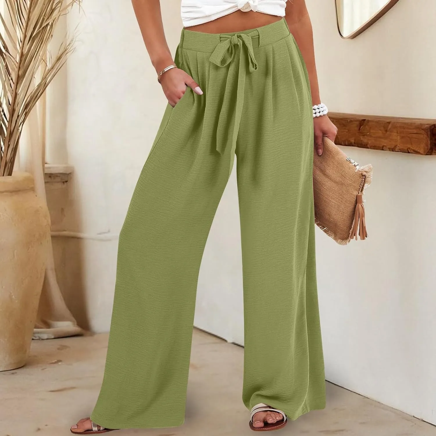 Women's Linen Palazzo Pants Wide Leg High Waisted Lounge Casual Beach Pants with Pockets Trousers Pants for Women