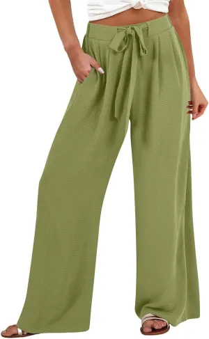 Women's Linen Palazzo Pants Wide Leg High Waisted Lounge Casual Beach Pants with Pockets Trousers Pants for Women