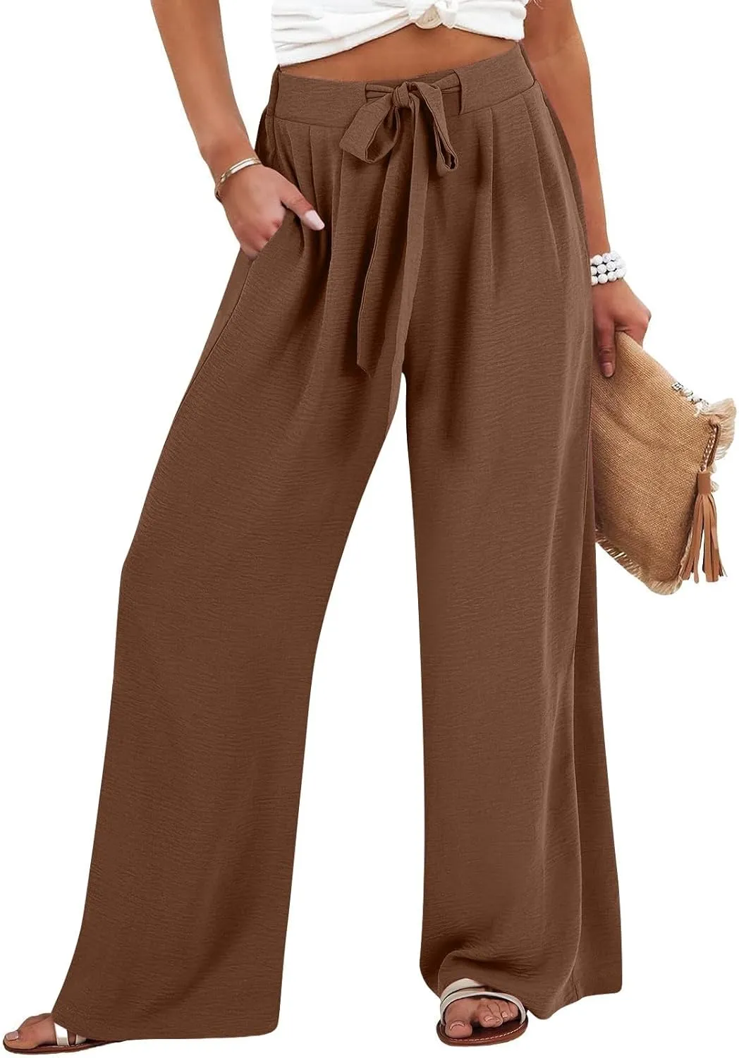 Women's Linen Palazzo Pants Wide Leg High Waisted Lounge Casual Beach Pants with Pockets Trousers Pants for Women