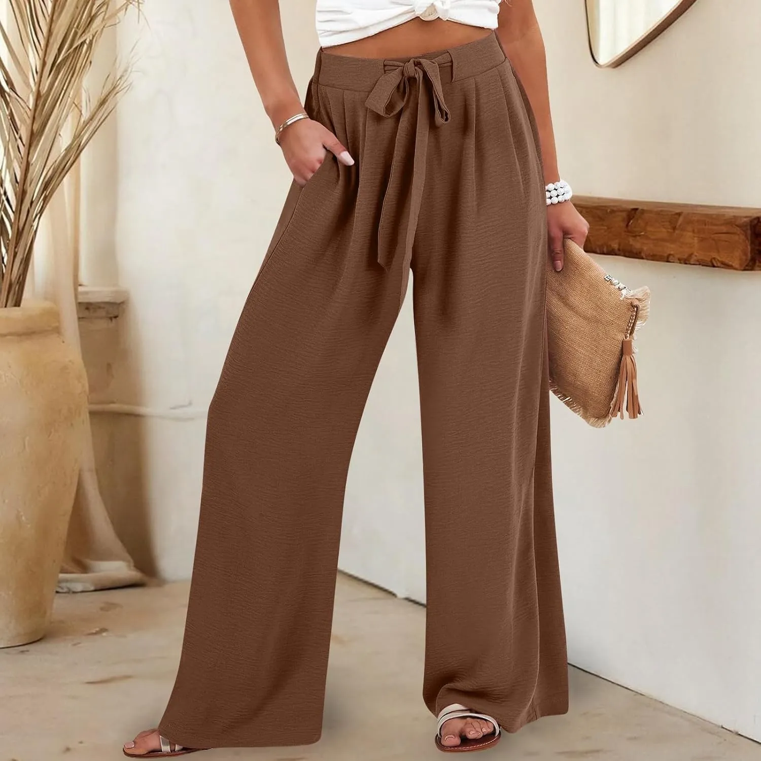 Women's Linen Palazzo Pants Wide Leg High Waisted Lounge Casual Beach Pants with Pockets Trousers Pants for Women