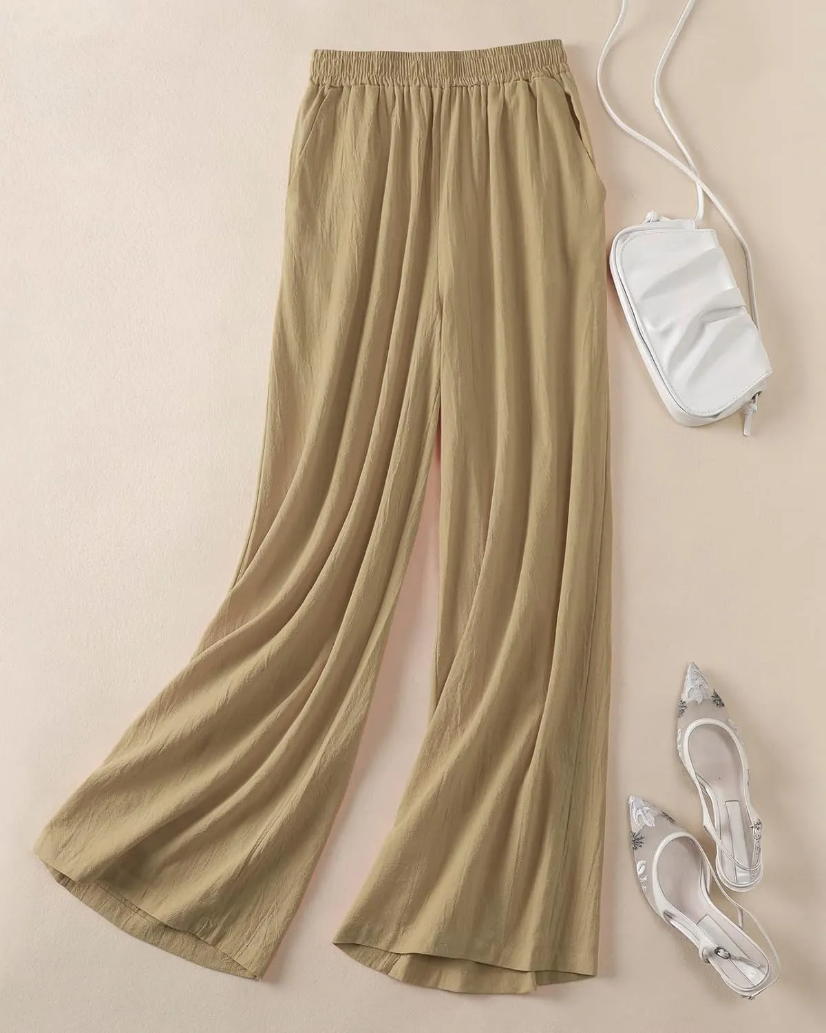 Womens Linen Pants High Elastic Waist Wide Leg Flowy Trousers Plus Size with Pockets