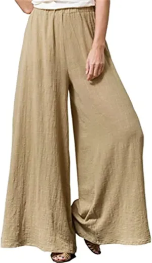 Womens Linen Pants High Elastic Waist Wide Leg Flowy Trousers Plus Size with Pockets