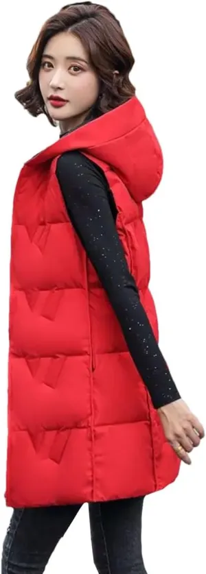 Women's Long Hooded Cotton Vest Padded Waistcoat Double-Sided Down Warm Winter Vest