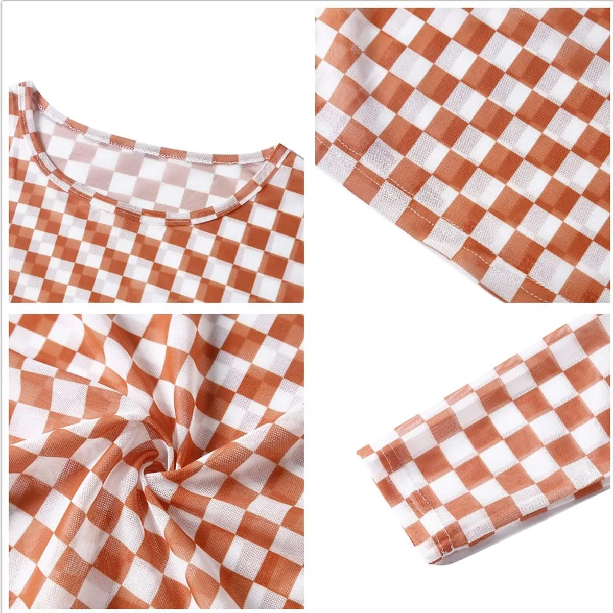 Women's Long Sleeve Checkered Print Sexy See Through Sheer Mesh Crop Top Tee T Shirts
