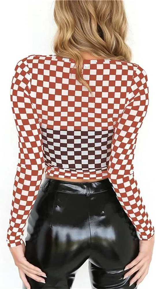 Women's Long Sleeve Checkered Print Sexy See Through Sheer Mesh Crop Top Tee T Shirts