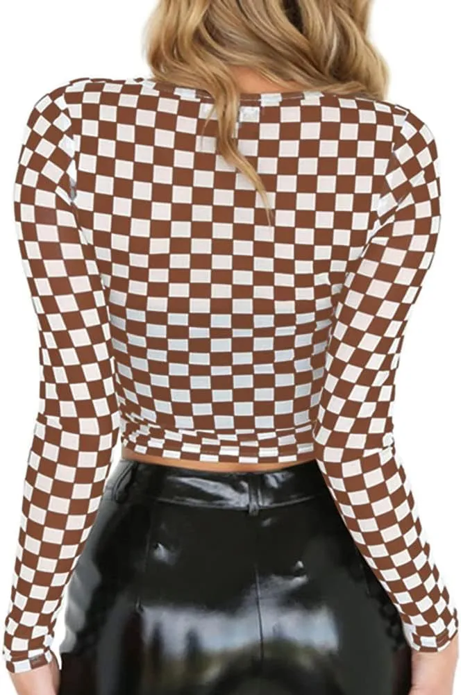 Women's Long Sleeve Checkered Print Sexy See Through Sheer Mesh Crop Top Tee T Shirts