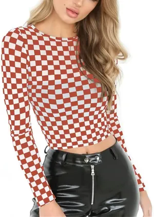 Women's Long Sleeve Checkered Print Sexy See Through Sheer Mesh Crop Top Tee T Shirts