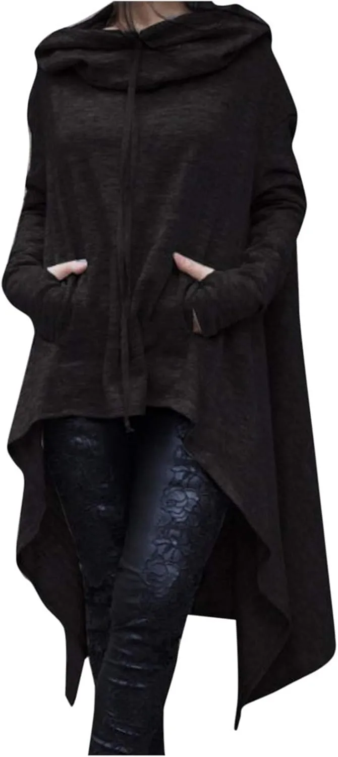 Womens Long Sleeve Cloak Hoodies Turtleneck Oversized High Low Sweater Vintage Gothic Sweatshirts Pullover Casual Winter Coat Black, 4X-Large