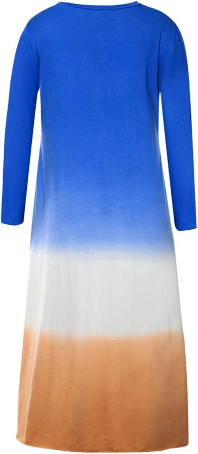 Womens Lounge Dresses 2025 Casual Loose Fit Long Sleeve Crew Neck Midi Dress Trendy Tie-Dye Print Plus Size Dress