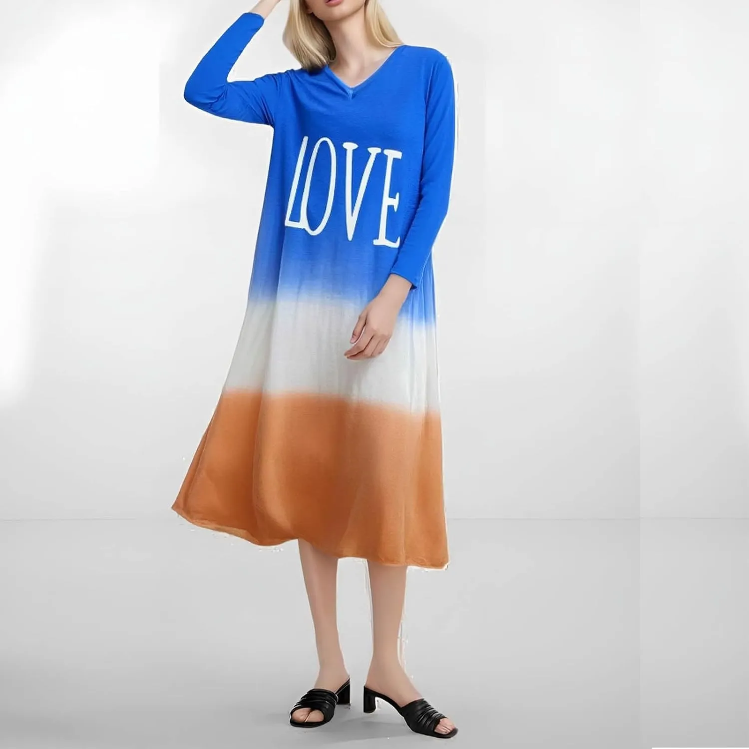 Womens Lounge Dresses 2025 Casual Loose Fit Long Sleeve Crew Neck Midi Dress Trendy Tie-Dye Print Plus Size Dress