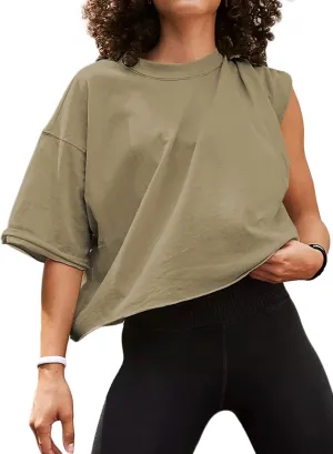 Women's Oversize Workout Crop Tops Short Sleeve Crewneck Drop Shoulder Boxy T Shirts Summer Casual Solid Basic Tees