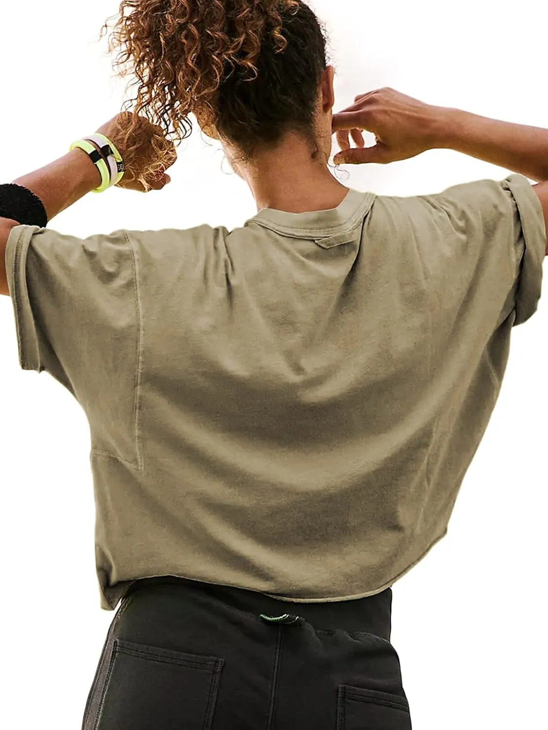 Women's Oversize Workout Crop Tops Short Sleeve Crewneck Drop Shoulder Boxy T Shirts Summer Casual Solid Basic Tees
