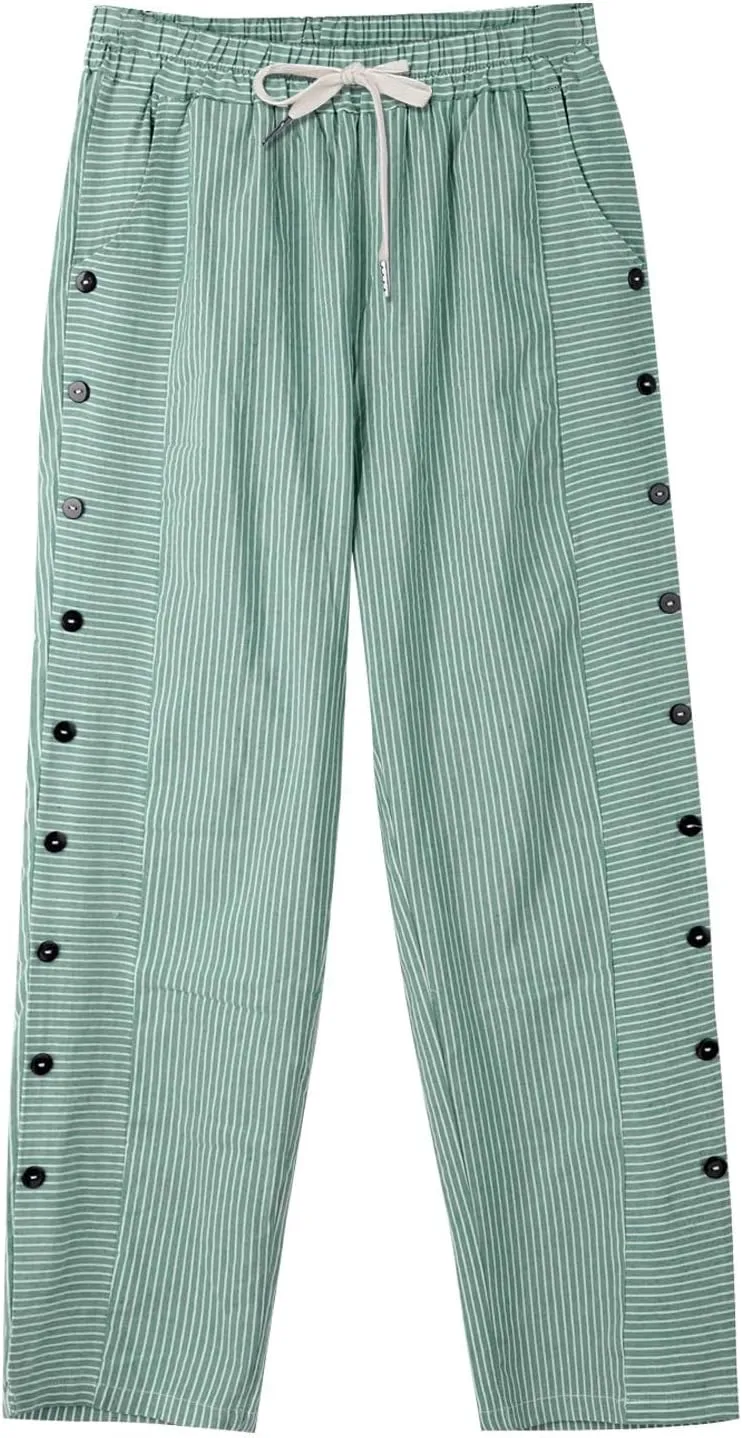Womens Plaid Pants Linen Striped Elastic Waistband High Waistband Pocket Pants Side Summer Boho Wide Leg High Waist