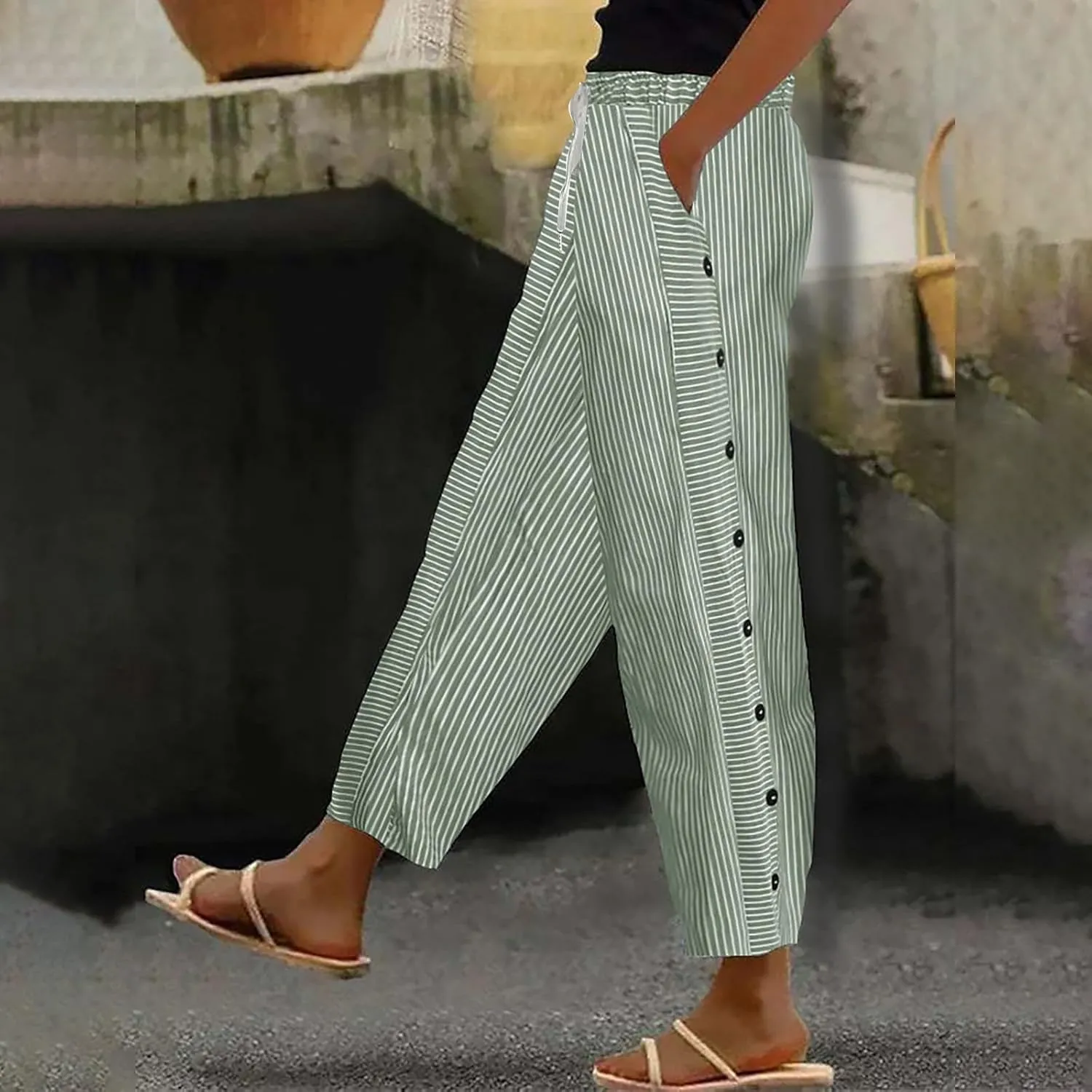 Womens Plaid Pants Linen Striped Elastic Waistband High Waistband Pocket Pants Side Summer Boho Wide Leg High Waist