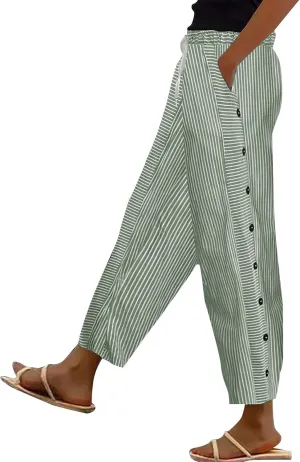 Womens Plaid Pants Linen Striped Elastic Waistband High Waistband Pocket Pants Side Summer Boho Wide Leg High Waist