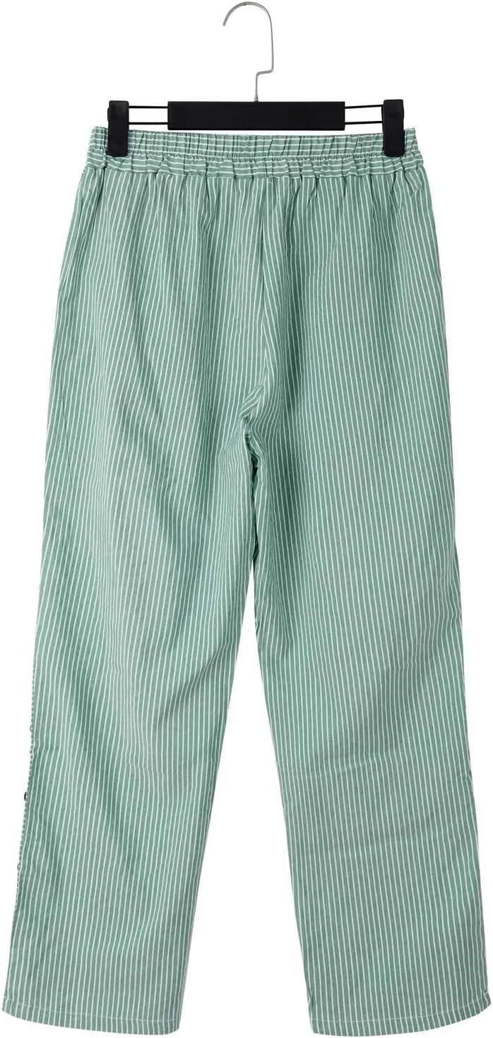 Womens Plaid Pants Linen Striped Elastic Waistband High Waistband Pocket Pants Side Summer Boho Wide Leg High Waist