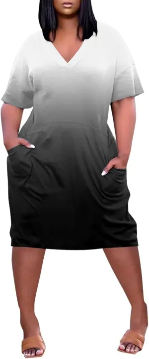 Women's Plus Size Dresses Short Sleeve V Neck Midi Beach Vacation Casual Dress with Pockets for Curvy Women