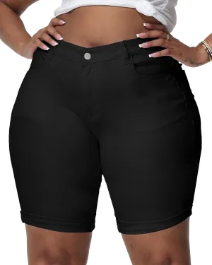 Womens Plus Size Jean Shorts High Waisted Stretchy Midi Bermuda Denim Shorts