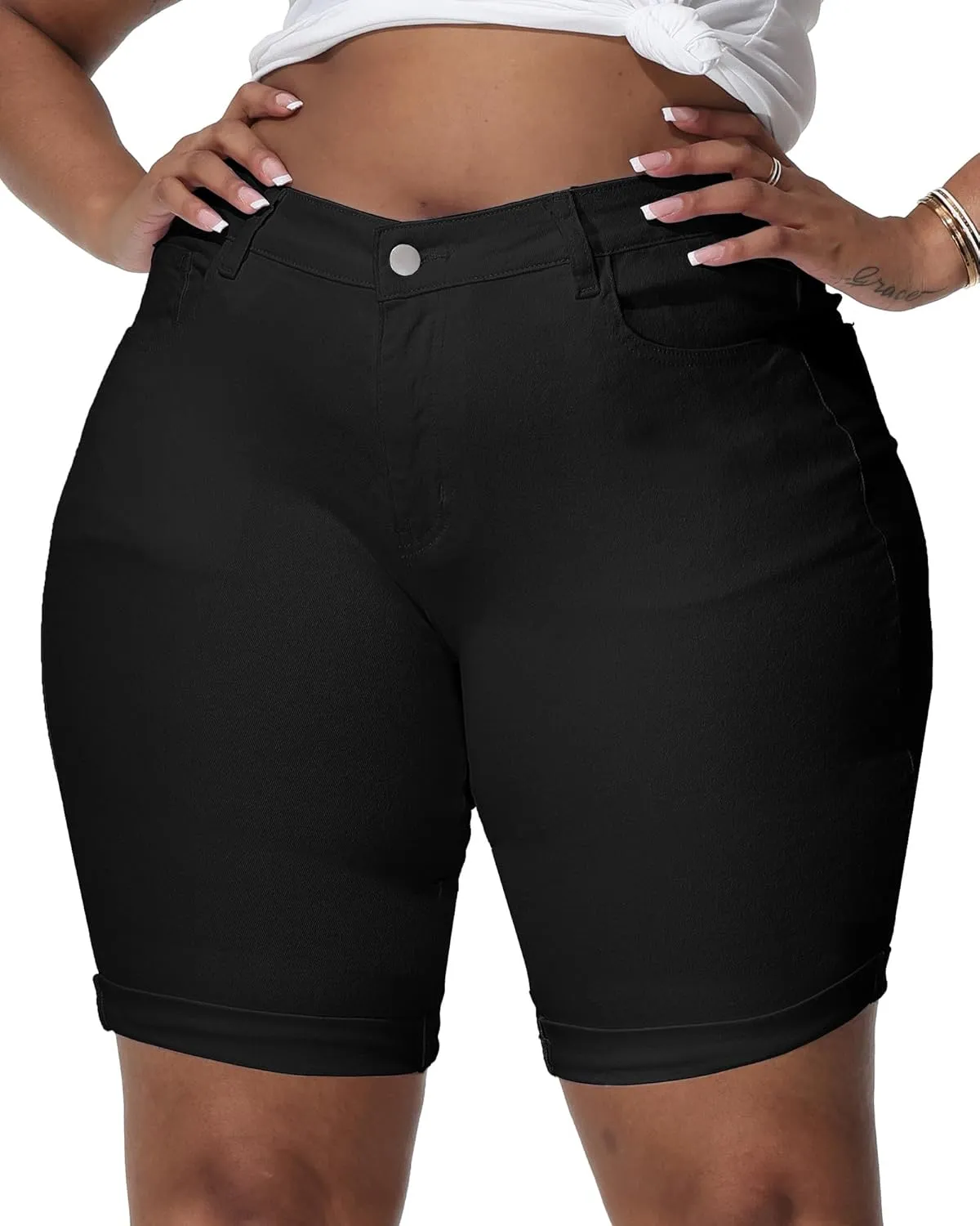 Womens Plus Size Jean Shorts High Waisted Stretchy Midi Bermuda Denim Shorts