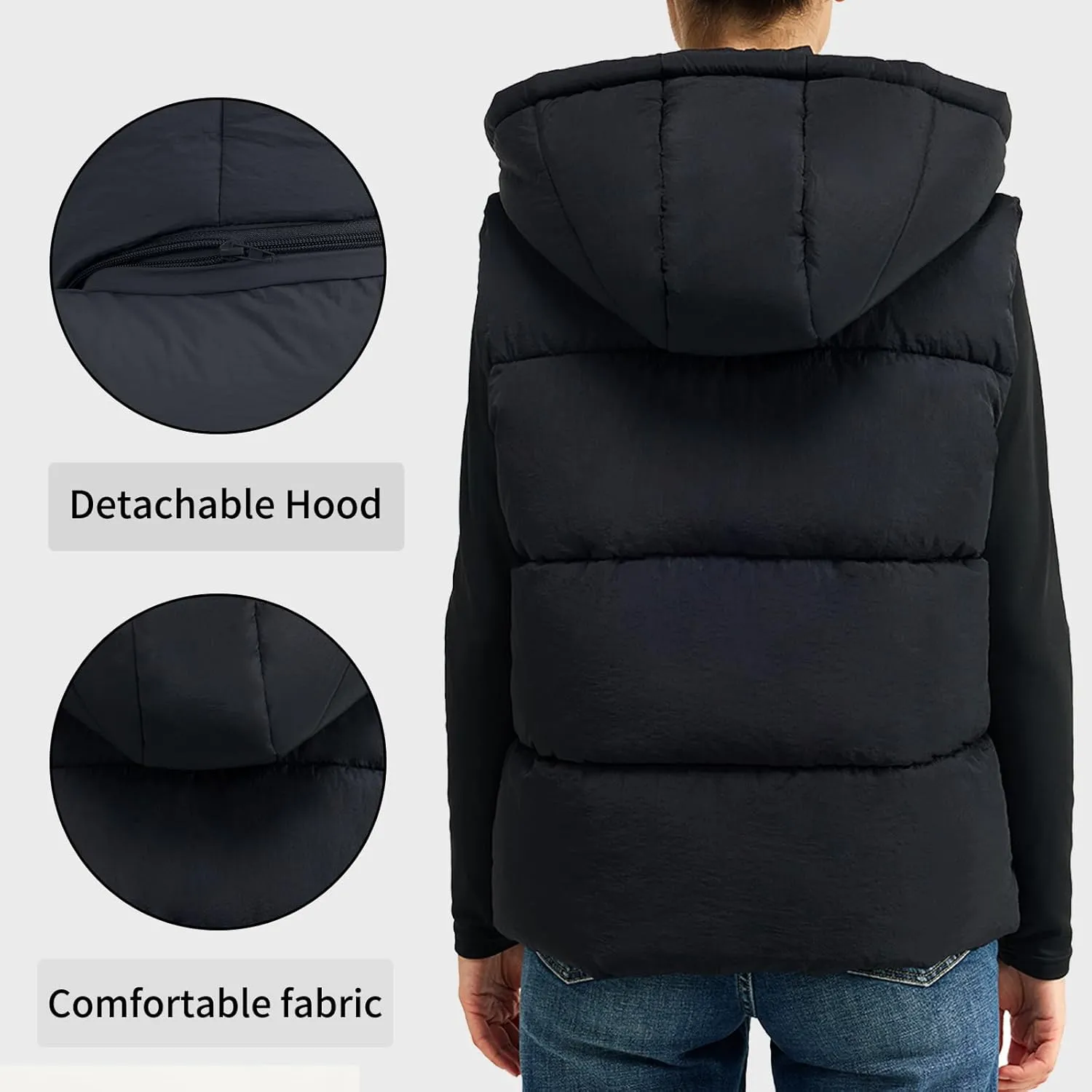 Women'S Puffer Vest With Pockets Thicken Zip Up Removable Hooded Sleeveless Winter Stand Collar Warm Gilet