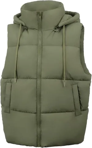 Women'S Puffer Vest With Pockets Thicken Zip Up Removable Hooded Sleeveless Winter Stand Collar Warm Gilet