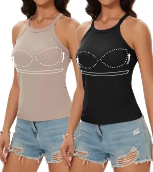 Womens Racerback Ribbed Tank Top Camisole with Built in Bra Running Yoga Sport Bra Athletic Slim Sleeveless Summer Top