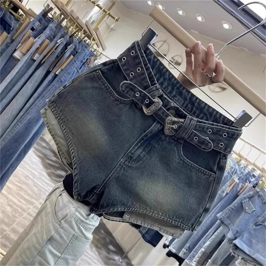 Women's Retro Brown Shorts High Waist Personalized Wide Leg Hot Pants Shorts