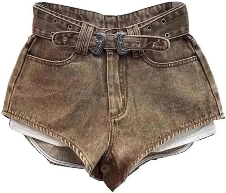 Women's Retro Brown Shorts High Waist Personalized Wide Leg Hot Pants Shorts