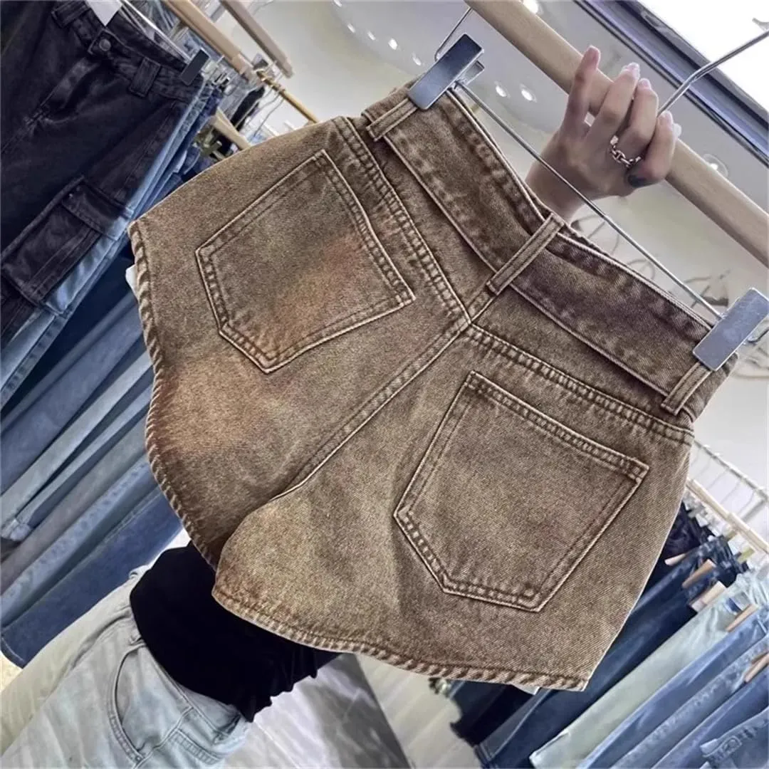 Women's Retro Brown Shorts High Waist Personalized Wide Leg Hot Pants Shorts