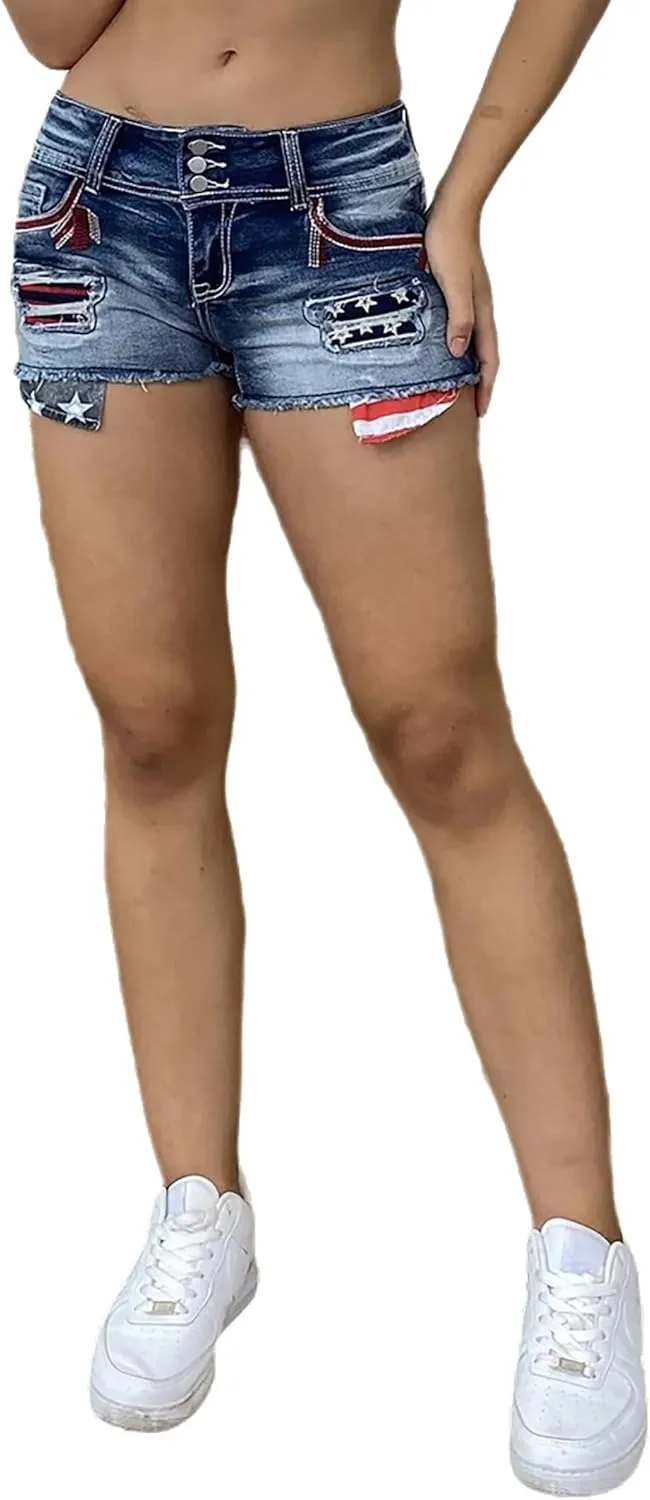 Women's Ripped High Waisted Jean Shorts American Flag Frayed Raw Hem Casual Denim Shorts