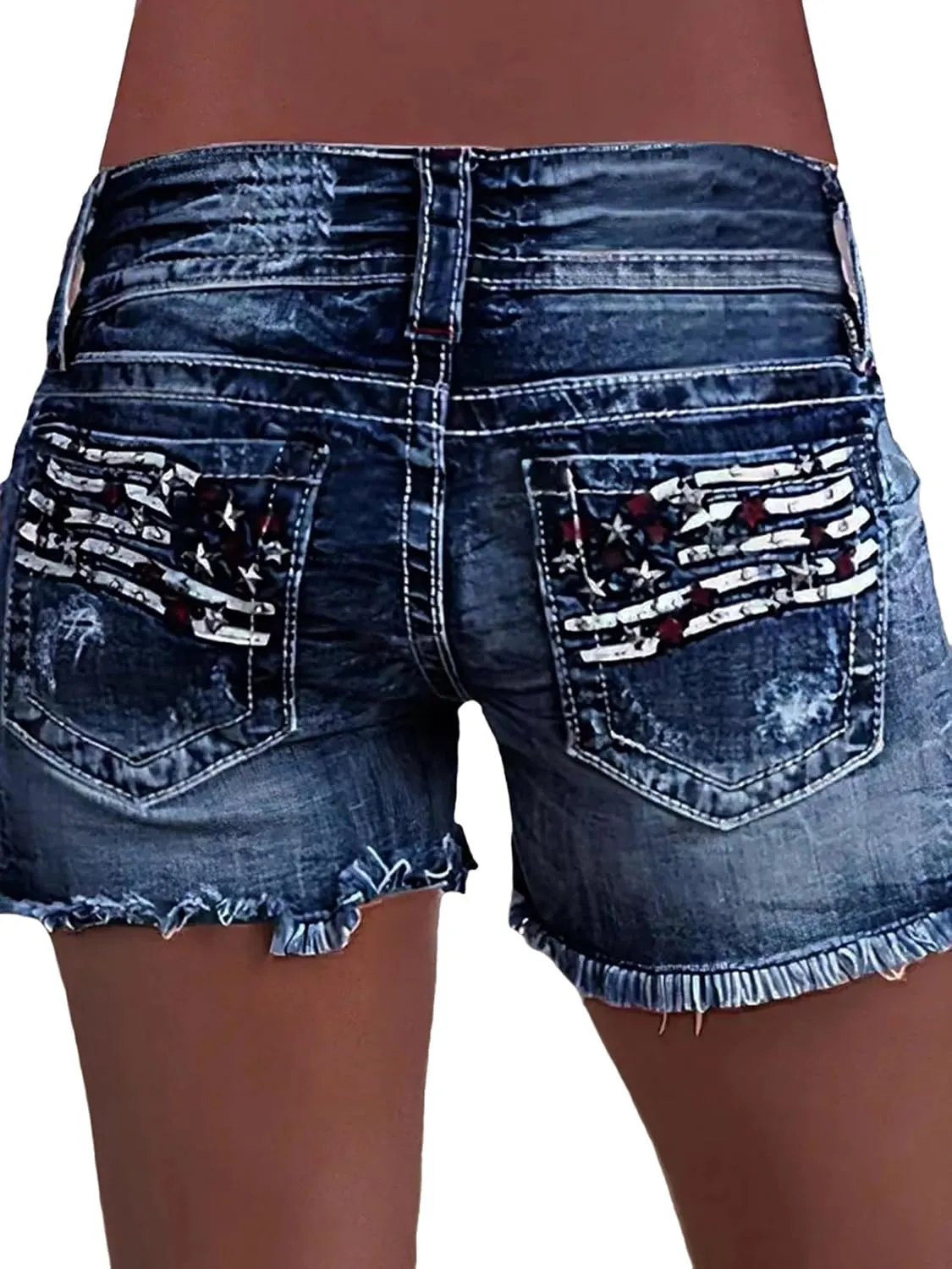 Women's Ripped High Waisted Jean Shorts American Flag Frayed Raw Hem Casual Denim Shorts