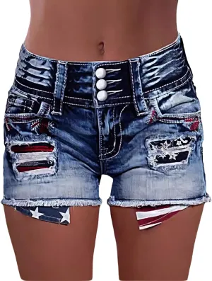 Women's Ripped High Waisted Jean Shorts American Flag Frayed Raw Hem Casual Denim Shorts