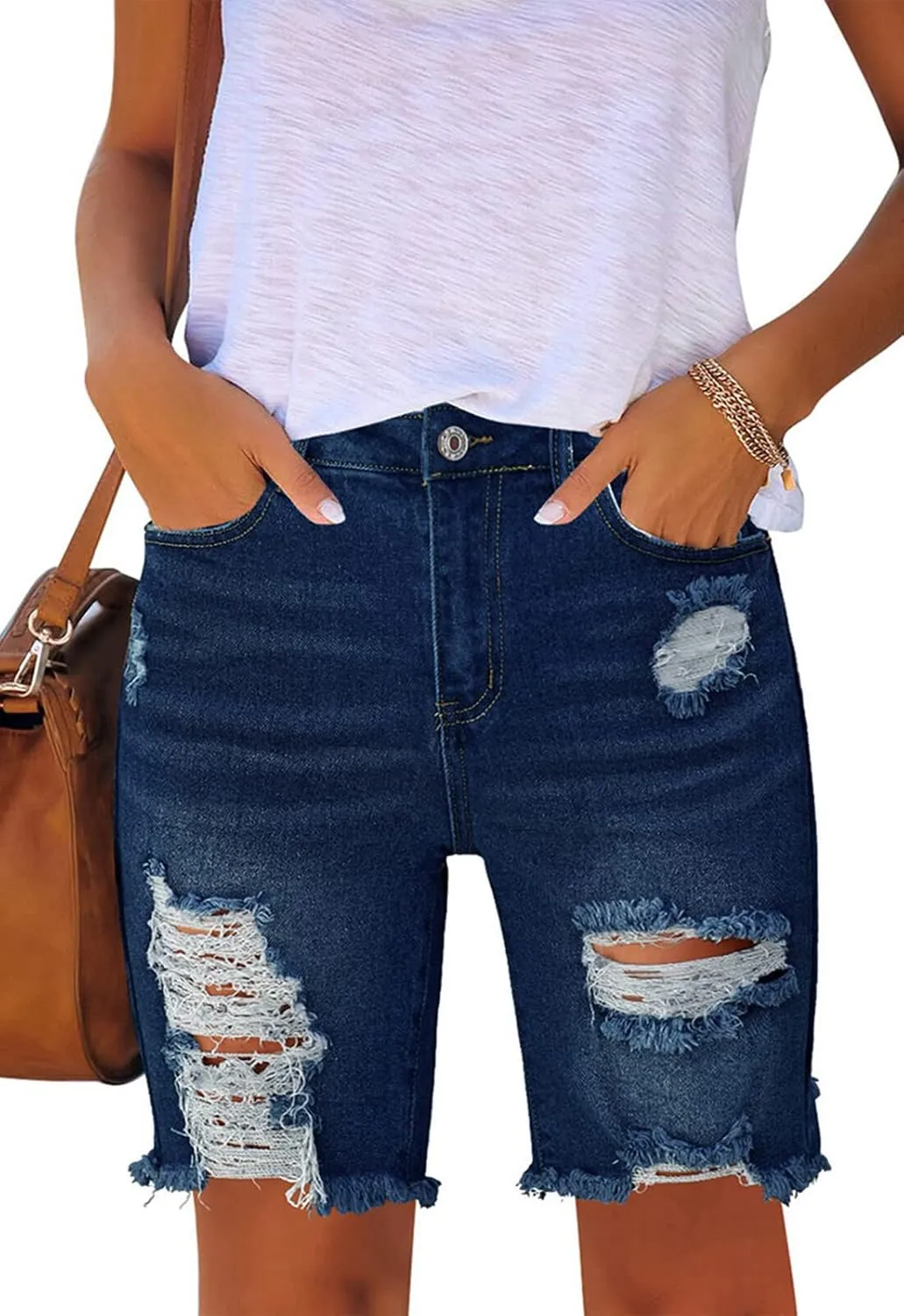 Women's Ripped Mid-Rise Denim Bermuda Shorts Frayed Raw Hem Stretch Jean Shorts