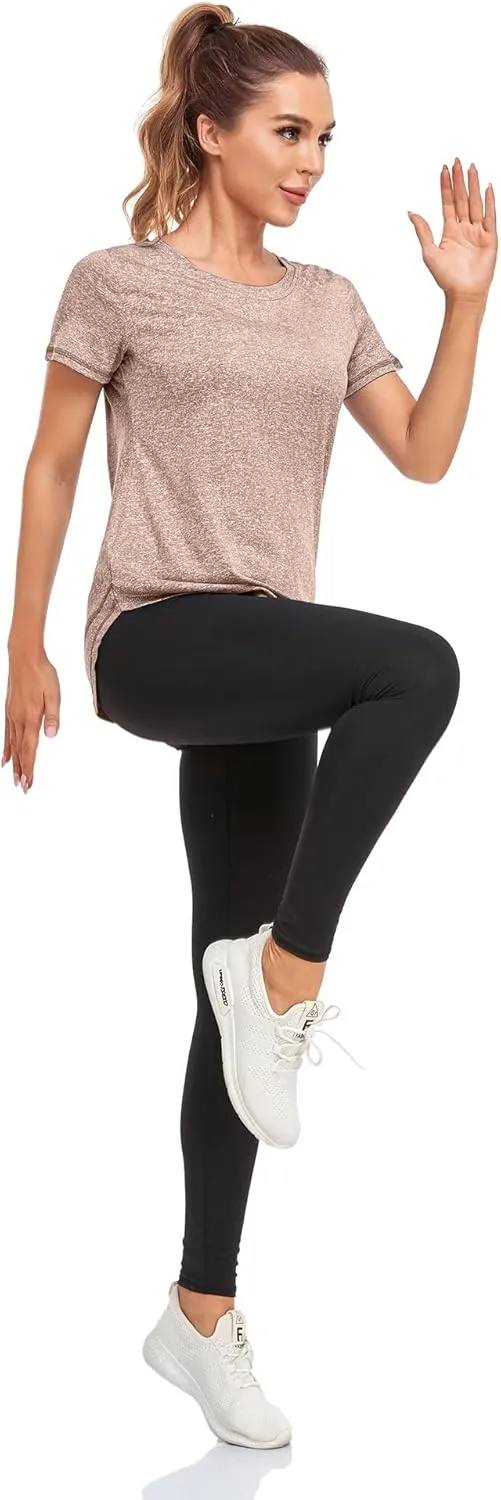 Women's Short Sleeve Workout Shirts Crewneck Sports Yoga Running Dry Fit Tops Side Split Tee