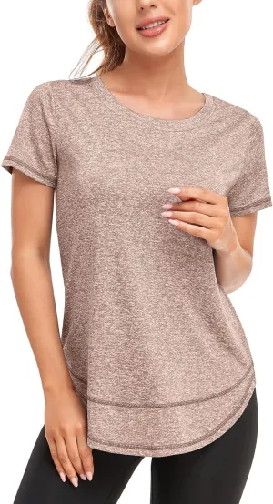 Women's Short Sleeve Workout Shirts Crewneck Sports Yoga Running Dry Fit Tops Side Split Tee