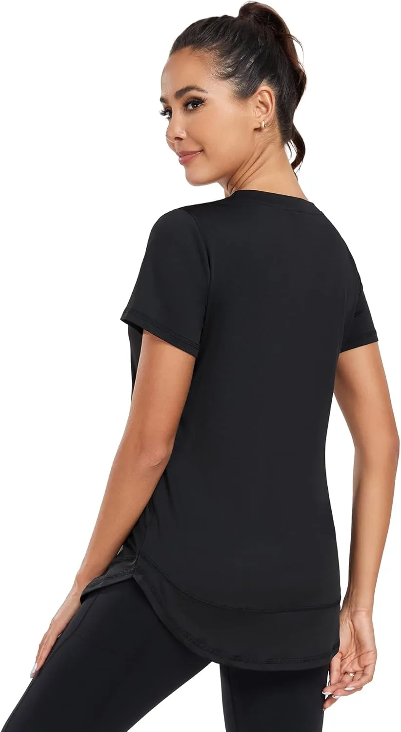 Women's Short Sleeve Workout Shirts Crewneck Sports Yoga Running Dry Fit Tops Side Split Tee