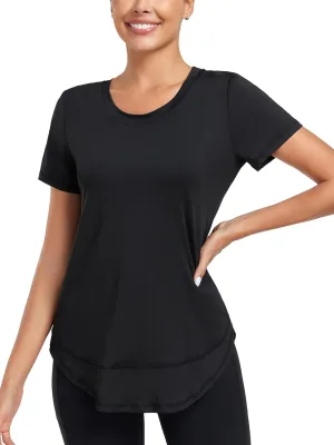Women's Short Sleeve Workout Shirts Crewneck Sports Yoga Running Dry Fit Tops Side Split Tee