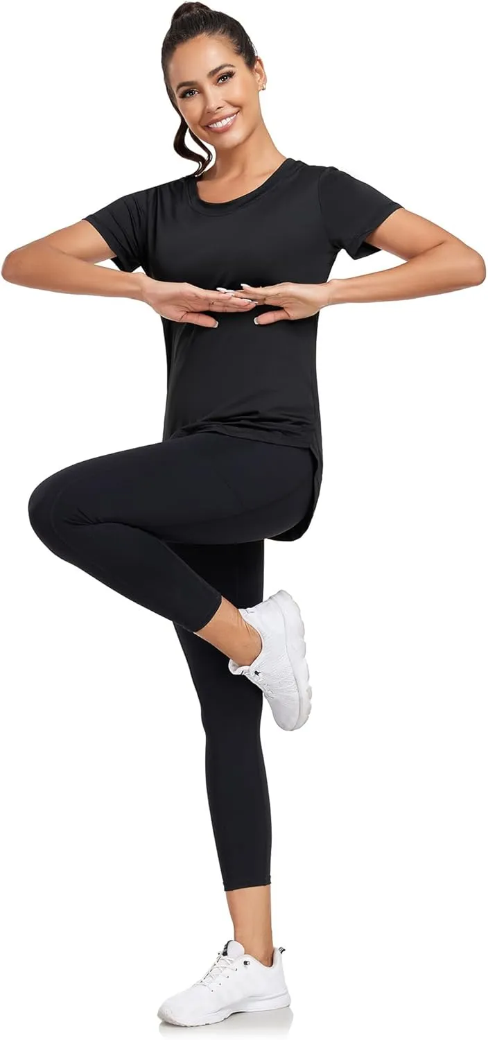 Women's Short Sleeve Workout Shirts Crewneck Sports Yoga Running Dry Fit Tops Side Split Tee